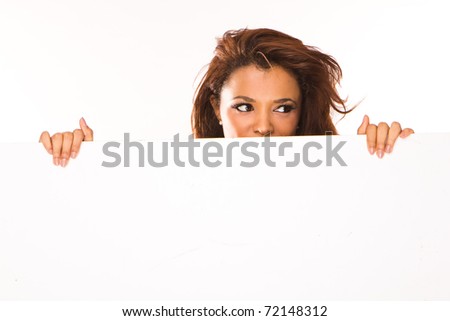 Woman showing sign. Cute casual young beautiful woman showing blank white sign isolated on white background waist up. Pretty, lovely and fresh asian caucasian female model.