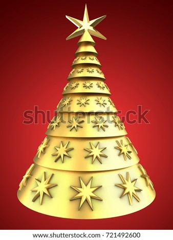 3d illustration of golden Christmas tree over red background with decoration