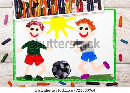 Photo of colorful drawing :Two little boys play football. Soccer game