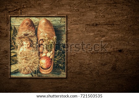 Christmas background, Child Jesus picture on old wooden background with copy space to write message.
