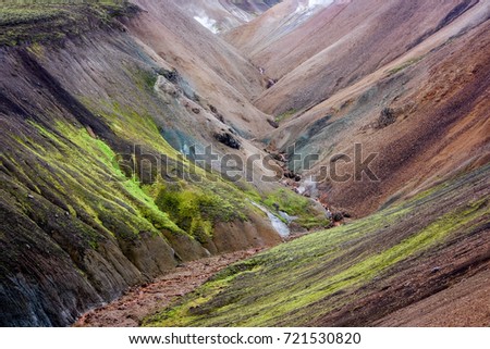 Detail of colorful valley in Landmannalaugar rainbow mountains in Iceland - Laugavegur trail Royalty-Free Stock Photo #721530820