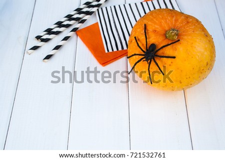 Pumpkin on Halloween with a spider on a white wooden background