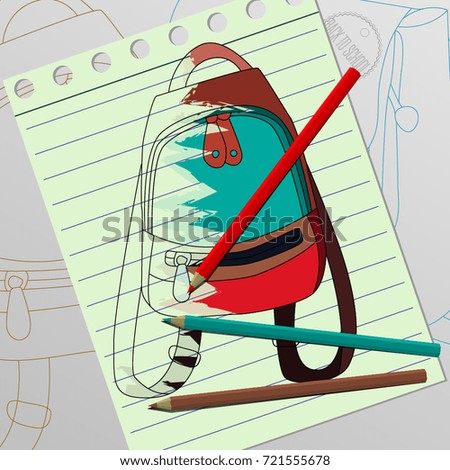 Colorful background with hand-drawn backpack. Template vector illustration for back to school banners flyers promotion materials. High quality illustration. Minimalistic trendy flat style 
