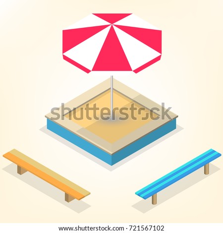 Sandbox with a set of wooden benches and sun protective umbrella isolated on white background. Elements of the design of playgrounds and parks. Flat 3d isometric style, vector illustration.