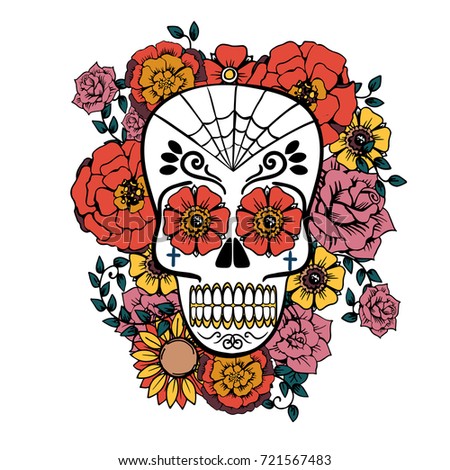 Day of the dead vector illustration poster. Mexican flowers traditional embroidery with typography letters. Floral lettering 'Dia de los Muertos' (Day of the Dead).