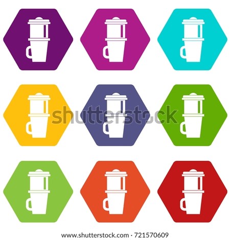 Mug for coffee icon set many color hexahedron isolated on white vector illustration