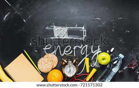 concept saving energy different methods healthy food right life style supply sport water music black background symbol charging battery