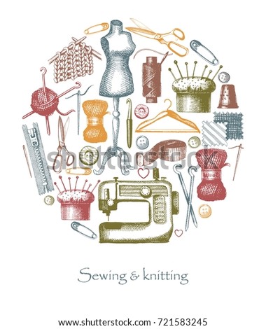 Sketches of sewing and needlework. Vector illustration of tools and materials in the form of a circle