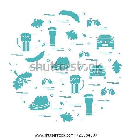 Vector illustration with various symbols of Germany arranged in a circle. Travel and leisure. Design for banner, poster or print.