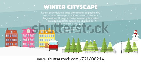 Winter little cute town, flat vector illustration. Colorful small houses in row, fir trees park, fence, lanterns, snowman and red truck, front view. Cityscape banner, graphic design elements.