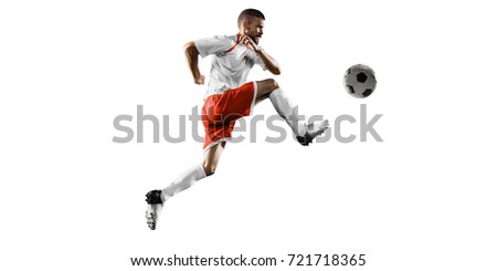 Soccer player on a white background. Isolated soccer player in unbranded clothes.