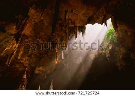 Sun Light in the cave at Khao Luang Cave , A tourist cave of Phetchaburi