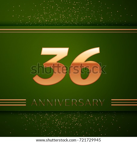 Realistic Thirty six Years Anniversary Celebration Logotype. Golden numbers and golden confetti on green background. Colorful Vector template elements for your birthday party