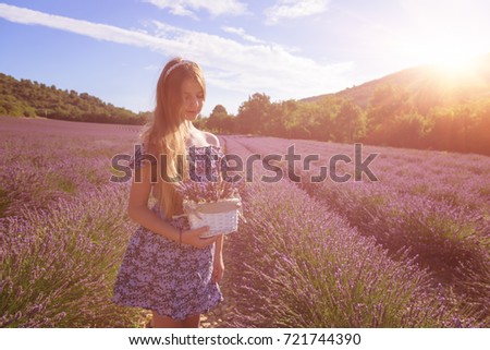 Beautiful young girl with a basket of lavender flowers standing in a blossoming sunny lavender field, Provence, France