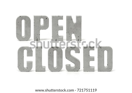 Three dimensional word out of conrete on white/concrete word open and closed