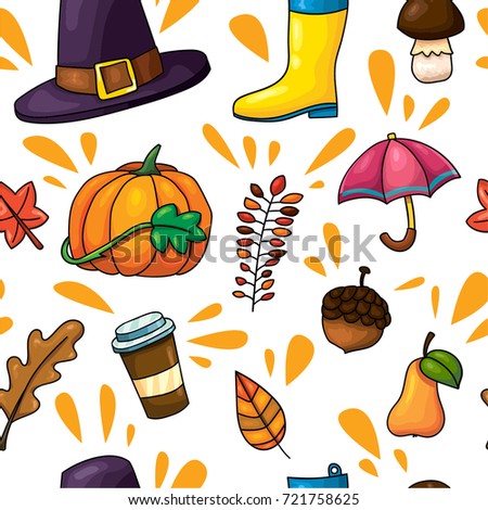 Cute cartoon comic style hand drawn doodle outlined autumn symbols seamless pattern background for card or textile design