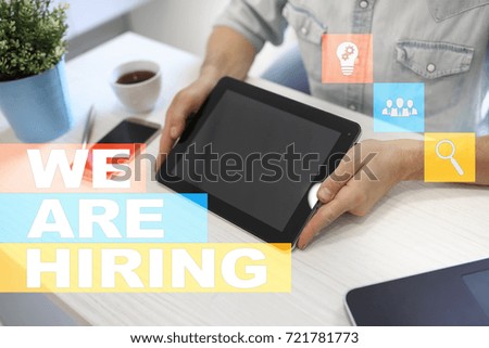 We are hiring text on virtual screen. Recruitment. HR. Human resources management. Business concept.