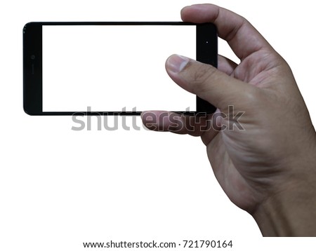 Man hand holding black slim edge smartphone with transparent screen and background, cliping path