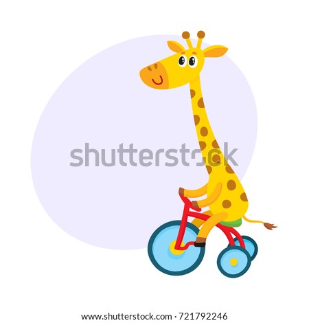 Cute little giraffe character riding bicycle, tricycle, cycling, cartoon vector illustration with space for text.