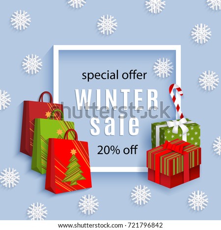 vector winter sale poster template. Present boxes, snowflakes lollipop candy - winter christmas symbols Decorated flyer. Illustration on blue background. Banner advertising design