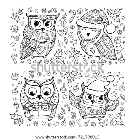 Cute owls. Christmas set collection. Bow, holly berry, mistletoe, candy cane, santa claus hat. Vector hand drawn artwork. Black and white. Coloring book pages for adult. Gift greeting card. 