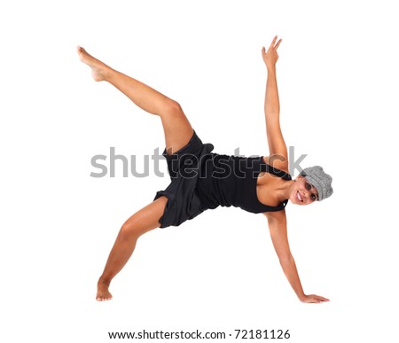 young woman breakdancing and gesturing victory