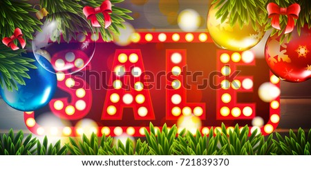 Christmas SALE vector ads background with fir tree branches color bulbs for winter New 2018 Year wholesale advertising illustration flyer and postcard design