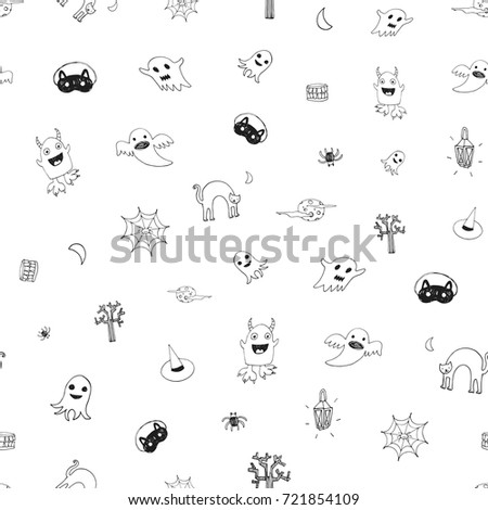 icons and halloween objects doodle cartoon seamless pattern