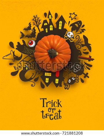 Halloween Paper art banner with cartoon silhouettes around realistic Pumpkin. Vector illustration. Paper cut holiday design with hand lettering greetings. Retro style poster. Trick or Treat