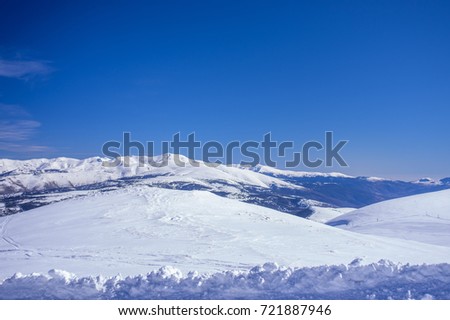 Overview of the Pyrenees mountains from Tosa d'Alp in winter, Alp, Girona, Catalonia, Spain