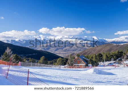 Overview of the Pyrenees mountains in winter, Alp, Girona, Catalonia, Spain