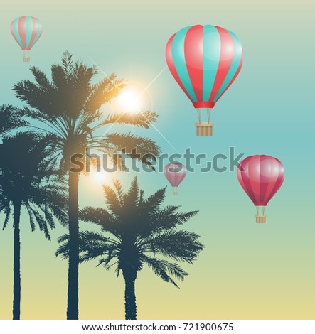 Travel background with red air balloons and palms