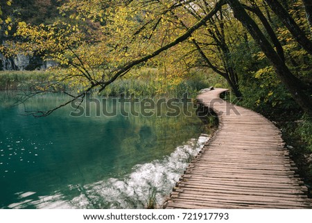 Autumn day and wooden tourist path in Plitvice lakes national park-Croatia