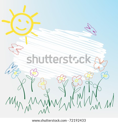 drawn by a child's butterfly, grass, flowers and sun