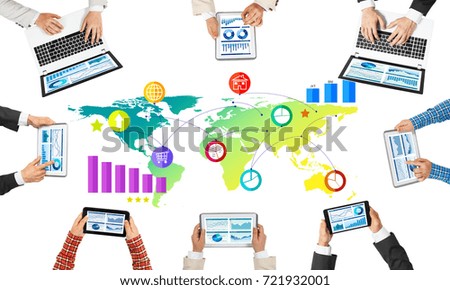 Group of people with devices in hands working together as symbol of networking and communication