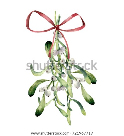 Watercolor mistletoe composition. Hand painted mistletoe bouquet of branch with white berry and red bow isolated on white background. Christmas clip art for design or print. Holiday illustration