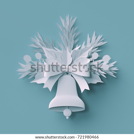 3d render, Christmas background, white paper bell ornament, festive elements, holiday decoration, greeting card