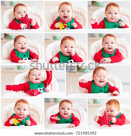 set of cute happy infant baby boy in elf costume sitting in highchair