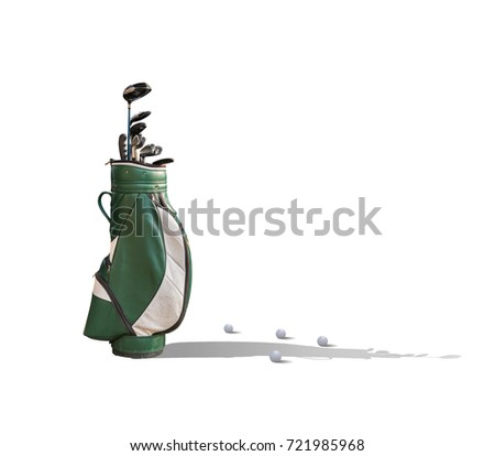 Golf equipment golf ball and golf bag isolated on white background.
