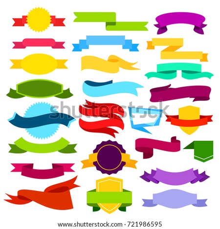 Vector illustration set of colored ribbon banners. Blue, green, red, yellow, pink scrolls in flat style.