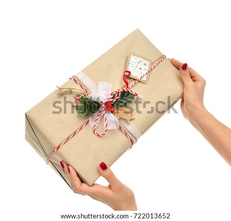 Hands hold new year 2018 christmas present gift isolated on white background