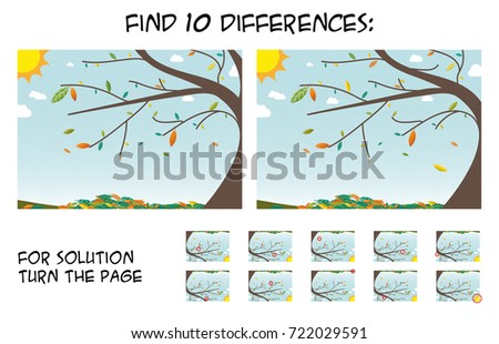 Child game - find 5 differences in pictures; with step by step solution; picture with autumn landscape during sunny day; colorful leaf