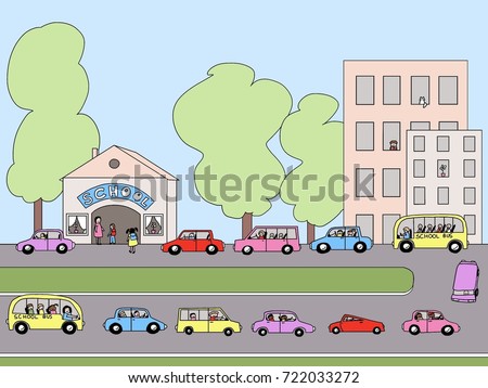 Car Line Near School Building Illustration/ Drop Off Pick Up Car Line To School/ School Building And Car Line Cartoon Image 