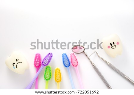 Teeth smile and crying emotion with dental mirror ,dental plaque cleaning tool and tooth brush, with copy space for your text