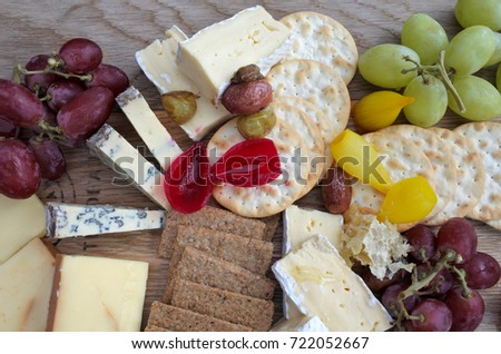 Flat lay view of cheese platter. Food background and texture. Copy space