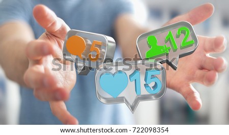 Businessman on blurred background using digital colorful social media icons 3D rendering