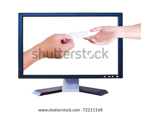 hand inside monitor give name card to hand outside monitor