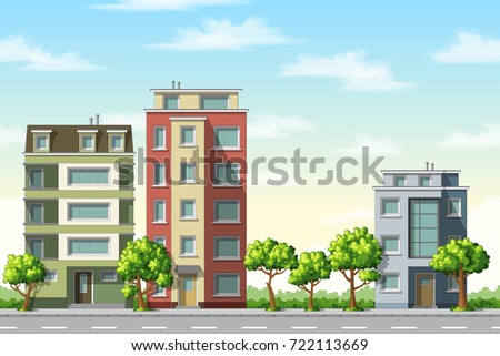 Illustration of colorful modern family houses with trees Royalty-Free Stock Photo #722113669