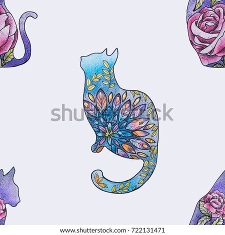 Seamless pattern of a beautiful cat in flowers on a white background.