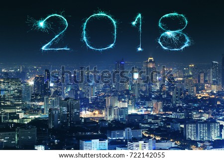 2018 Happy new year firework Sparkle with Bangkok cityscape at night, Thailand